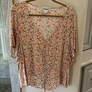 ARULA Cream Floral Button-Front V-Neck Blouse with Drawstring